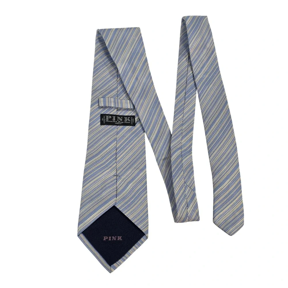 Thomas Pink Jermyn Street London Silk Tie Blue Gold Striped Made in Morocco